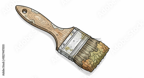 Authentic painter's brush featuring textured bristles and a rustic wooden handle, an artistic tool
