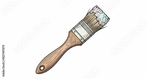 Illustration of a wooden handled paintbrush with colorful paint residue on bristles, art tool