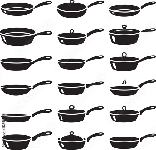 Variety of black skillet silhouette shapes kitchen utensil set illustration
