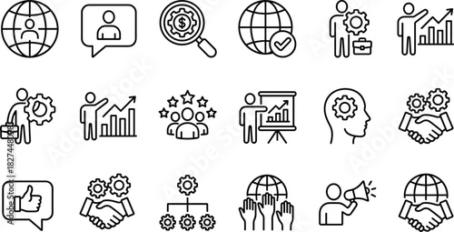 Business Strategy Global Management Outline Icons Set, Including Partnership, Success, Networking, Gear, Thumbs Up, Presentation, Research, and Corporate Development Symbols, Vector.