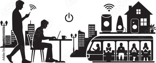 Silhouette illustration depicting connected life with people using devices and smart home technology in urban setting