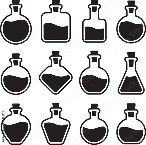 Various glass potion bottle silhouettes for medicine pharmacy alchemy or magic