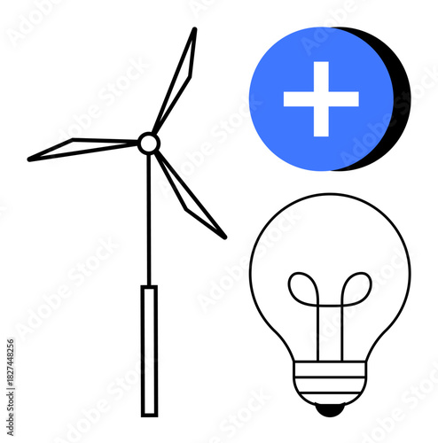 Renewable energy concept. Renewable visuals include a wind turbine, light bulb, and a plus sign green innovation. Renewable ideas for sustainability, modern energy, innovation, green technology