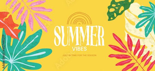 Bright tropical summer illustration with bold textured leaves, handwritten text, and vibrant yellow background. Perfect for vacation ads, event posters, and seasonal creatives.