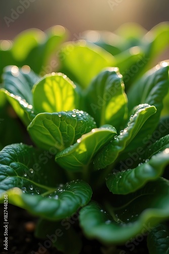 A close-up shot of vibrant green lettuce with water droplets glistening in the sun