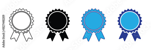 Collection of award ribbons and rosettes in outline, solid black, and blue colors, symbolizing achievement and recognition