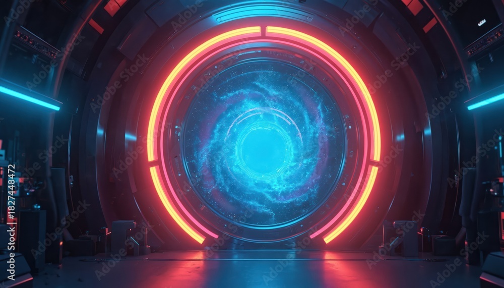Fototapeta premium Abstract space portal opens gateway for time travel innovation. Scifi wormhole in spaceship leads to another dimension. Future tech journey through universe represents strategy for success