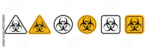 Collection of biohazard warning symbols in various formats, including triangles, circles, and squares, indicating biological danger and hazardous material.