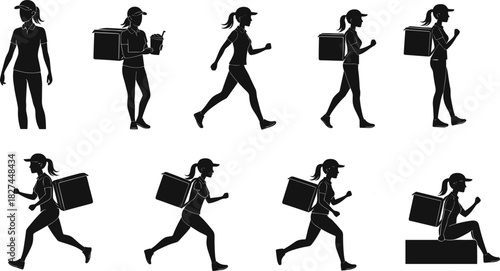 Cad drawing flat vector illustration of female delivery courier walking running sitting with parcel box professional woman worker silhouette design