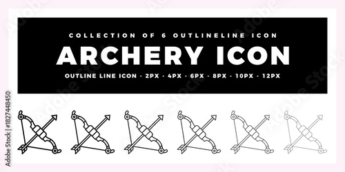 Archery Icon Set. Collection of 6 Outline Line Art Icons