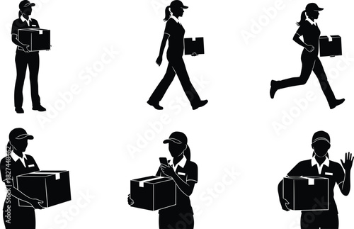 Cad drawing flat vector illustration of female delivery worker carrying box walking running checking phone waving hand in uniform silhouette
