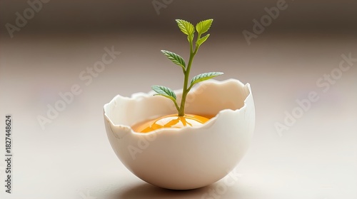 A young plant sprouts from a cracked egg, symbolizing new beginnings and growth. The plant stands tall in the eggshell, representing life and potential