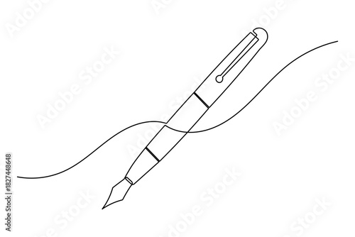 Continuous one line drawing of an elegant fountain pen, writing instrument illustration.