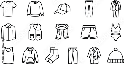 Clothing Apparel Accessories Outline Icons Set, Including T-shirt, Sweater, Suit, Scarf, Vest, Shorts, Cap, Socks, Robe, and Underwear Symbols, Editable Vector Line Art.