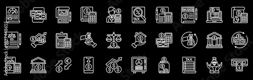 Accounting web icon set in white outline style. Business solution icons for web and mobile apps. Action list, Business credit score, Exchange rate, Financial statement, management stock illustration, 