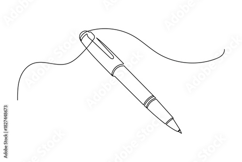 One line minimalist drawing of a sleek pen with a creative abstract flowing line design