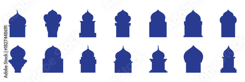 Collection of islamic architectural domes and archways in a blue silhouette, representing mosques and cultural heritage designs.