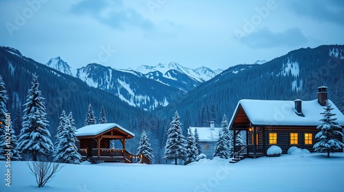 Winter scene with snow-covered cabins nestled against a mountain backdrop