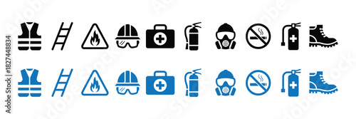 Collection of safety and protection icons in black and blue, depicting personal protective equipment and hazard symbols for industry