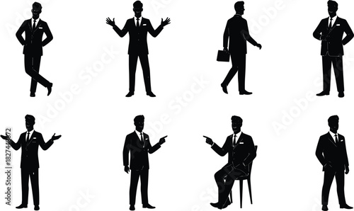 Businessman silhouettes in suit, standing, walking with briefcase, sitting and pointing, crossed arms, corporate posture illustration