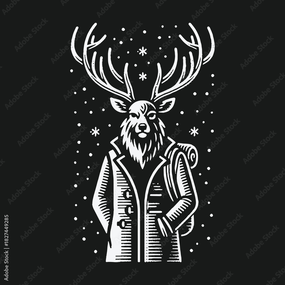 Fototapeta premium Black and white graphic illustration of a deer traveler in winter snow.