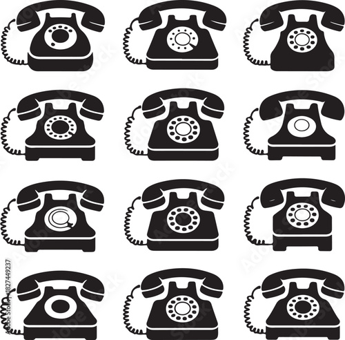 Vintage black rotary dial telephones communication devices illustration background