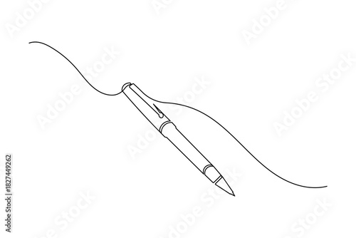 Continuous one line art drawing of a classic ink pen creating a wavy black line on a white background