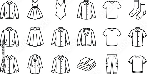Clothing Fashion Garment Apparel Outline Icons Set, Including Shirt, Dress, Jacket, Sweater, Skirt, Swimsuit, T-Shirt, and Cargo Pants Symbols, Editable Vector Line Art.