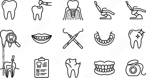 Dentistry Dental Health Care Tooth Outline Icons Set, Including Implant, Oral Hygiene, Tooth Decay, Inspection, Treatment, Dentist Chair, and Floss Symbols, Editable Vector.
