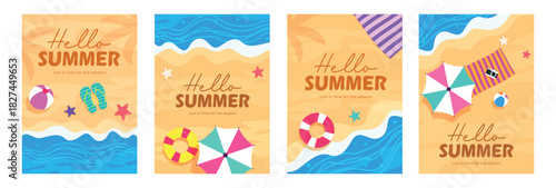 Pack of summer-themed beach posters in flat design style with starfish, umbrella, flip-flops, camera, and sea waves. Ideal for vacation ads, banners, and summer promotions.