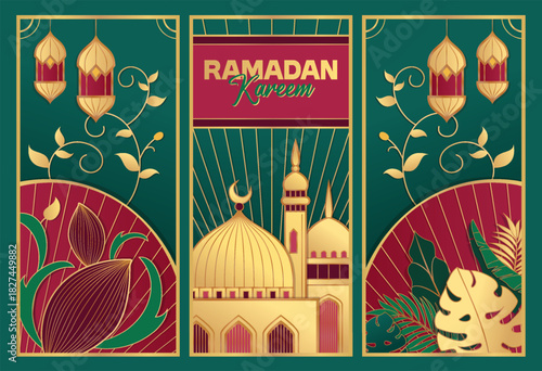Islamic festival poster background design with mosque, flower, arabic calligraphy, crescent moon and lantern. Suitable for Ramadan Kareem , Hari Raya, Eid Mubarak, Eid al Adha.