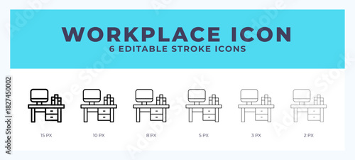 Workplace icon set with different stroke. Design elements for logo. Vector illustration.