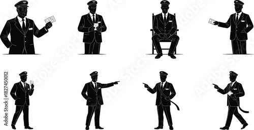 Cad drawing flat vector illustration of professional pilot officer silhouette standing, pointing, holding boarding pass, and sitting in uniform posture