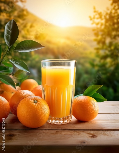 Freshly Squeezed Orange Juice on a Wooden Table with a Sunny, Natural Landscape Backdrop, Ready to Enjoy a Refreshing Morning.