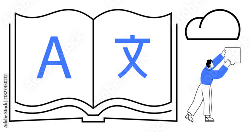 Language translation concept. Open book with multilingual symbols highlights global communication. Language translation enabling cross-cultural exchange and digital tools. For education, technology