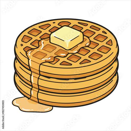 Golden stacked waffles with melting butter and syrup vector art Art & Illustration
