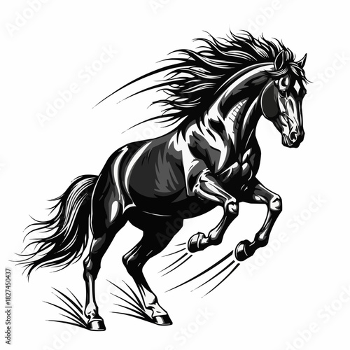Majestic black horse in full gallop showcasing power and grace.