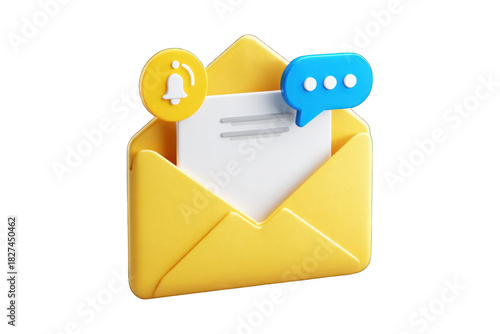 A 3D illustration depicts an open yellow envelope with a notification bell and a chat bubble symbolizing digital communication and message alerts.