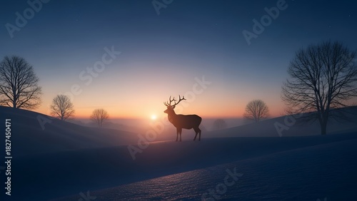 Silhouette of deer standing on snowy hill during winter solstice twilight, mystical mood