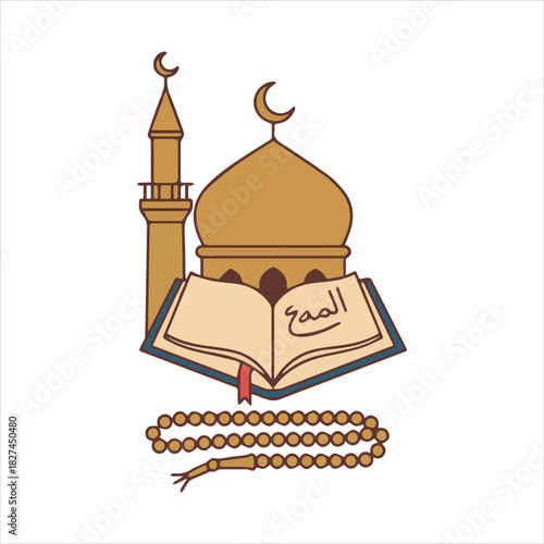 Islamic mosque, holy Quran, and prayer beads religious icon Art & Illustration