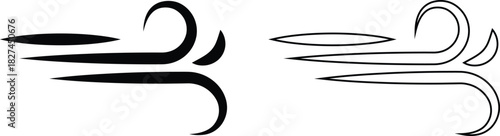 Black Wind Breeze Swirl Icon Set Collection Group in Flat Line Style, Air Flow Symbol Pack with Abstract Curved Gust Shapes, Minimal Outline Weather Elements and Motion Lines Vector Illustration