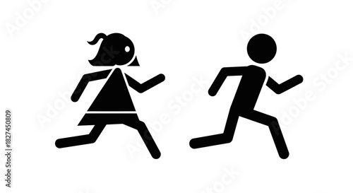 Running stick figures woman and man on isolated white background