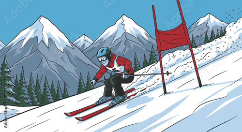Alpine Skiing Race: Athlete on a Slalom Course Cartoon Illustration