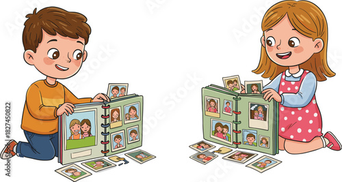 Cartoon boy and girl looking at family photo albums, cute children remembering memories together, childhood nostalgia illustration in colorful style
