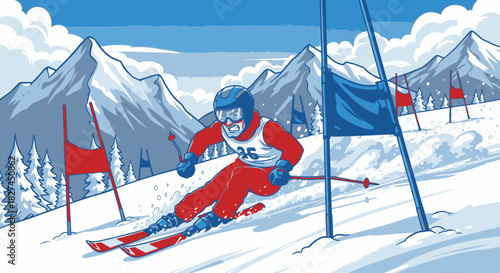 Alpine Skier Racing Downhill Slalom Course Illustration Style Art