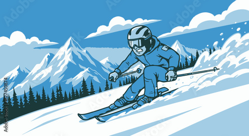 Cartoon Skier Carving Down Mountain Slope in Winter Landscape Vector Illustration