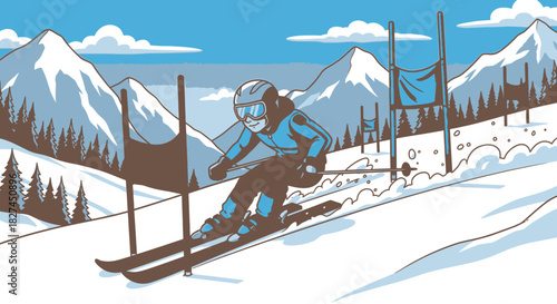 Cartoon Skier Slalom Racing Downhill in Winter Landscape Illustration