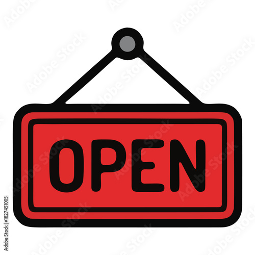 A red and black cartoon hanging OPEN sign icon for a business or shop door.