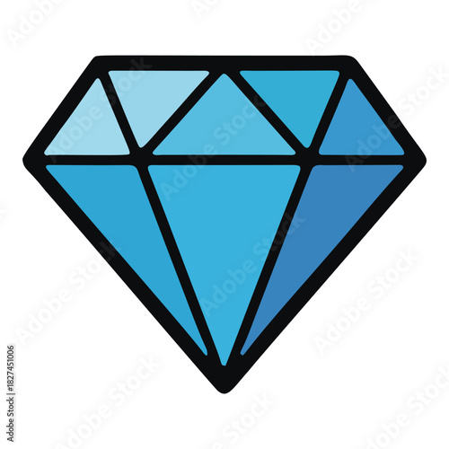 Blue Faceted Diamond Gemstone Icon with Black Outline.