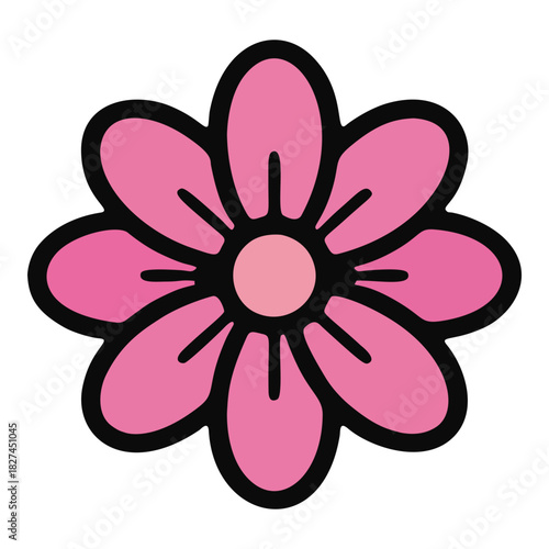 Simple Pink Flower with Black Outlines and Center.